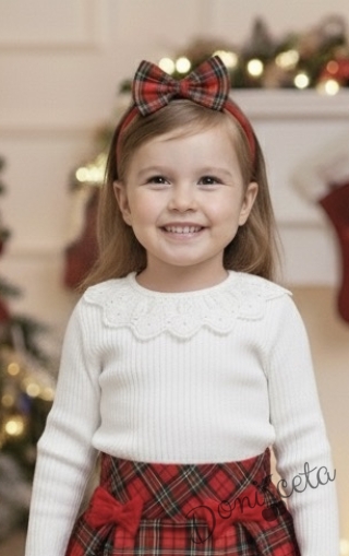 Детска рипсана блуза с дълъг ръкав в бяло с дантела