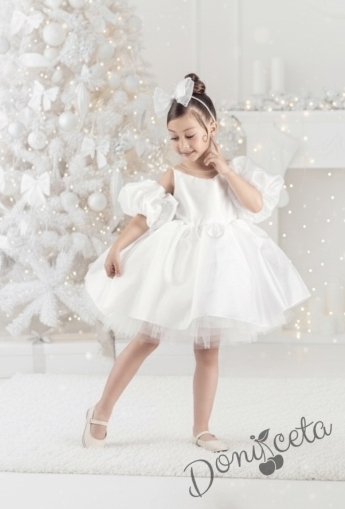 Официална детска рокля с тюл в бяло Даян и панделка за коса за шаферка или кръщене