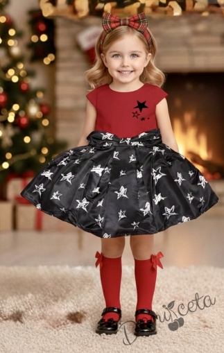 Официална детска рокля с къс ръкав на звездички в черно и червено
