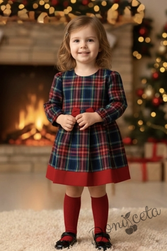 Детска рокля с дълъг ръкав Карена в червено каре с червена лента в долната част и панделка