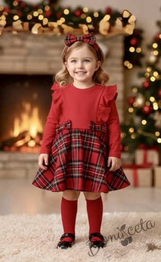 Детска рокля с дълъг ръкав в червено със стилно каре в долната част с панделки Карена