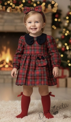 Детска рокля с дълъг ръкав в червено каре с чантичка с панделка