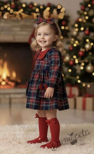 Детска рокля с дълъг ръкав в червено каре с чантичка с панделки Карена