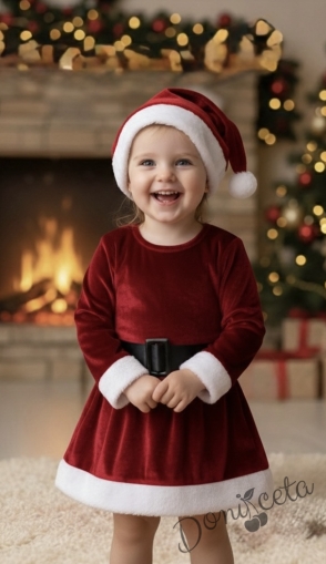 Детска коледна плюшена рокля в червено с колан Каролин и коледна шапка