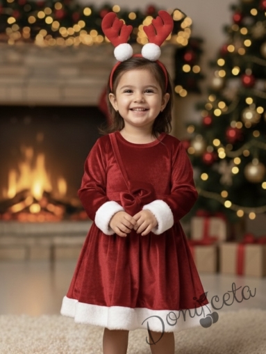 Коледна бебешка/детска рокля в червено с панделка и плюш