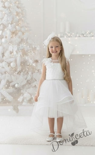 Официална детска рокля в бяло от дантела без ръкав със шлейф Шантал с аксесоар за коса от колекция Снежина