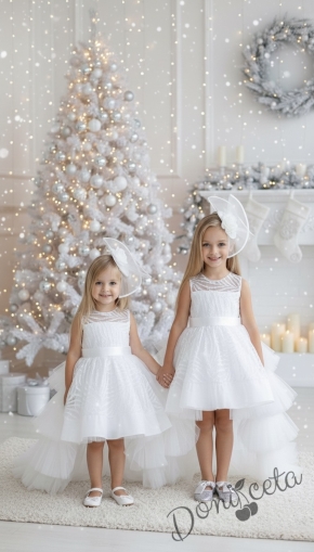 Официална детска рокля в бяло с шлейф на харбали Василиса с аксесоар за коса