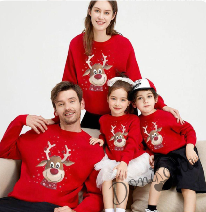 Детска, дамска или мъжка коледна тройно ватирана блуза Звън с еленче с шалче в червено 