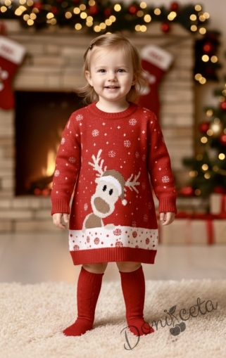 Коледна детска рокля  с еленче от плетиво в червено