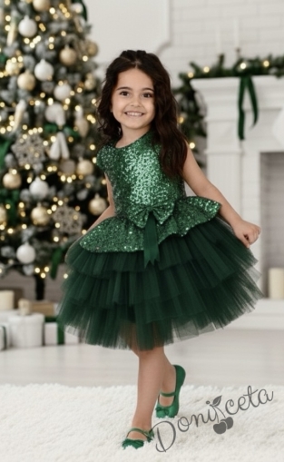 Детска официална рокля в зелено от пайети с тюл на пластове Валериа
