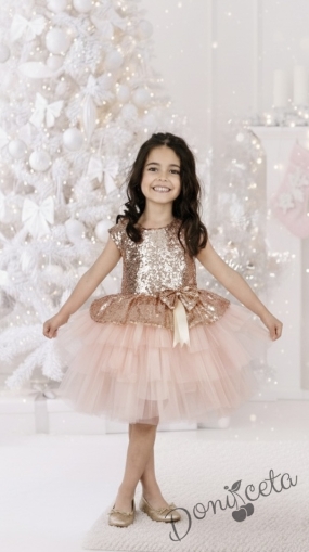 Детска официална рокля в прасковено от пайети с тюл на пластове Валериа