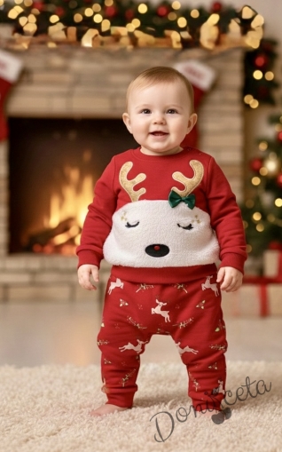 Коледен комплект от блузка с елен и панталони в червено с еленчета