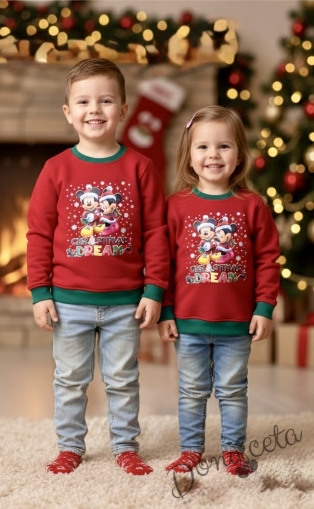 Коледна ватирана блуза за момиче в червено с дълъг ръкав с коледни мотиви с Мини и Мики