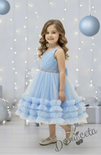 Официална детска/бебешка рокля в светлосиньо с тюл и панделка Тиана
