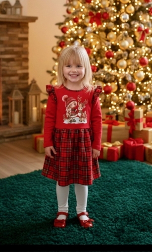 Детска коледна рокля с дълъг ръкав в червено с каре в долната част и картинка на момиченце Карена