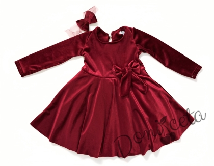 Детска плюшена коледна рокля клош в червено с панделка Елиса и фиба за коса