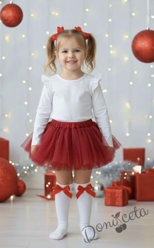 Комплект за момиче от 2 части-пола от бляскъв  тюл в червено и блуза с дълъг ръкав в бяло с къдрички
