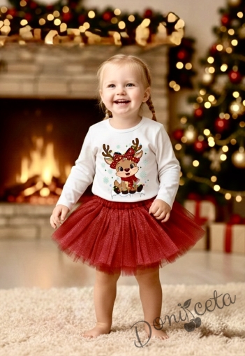 Комплект за момиче от 2 части-пола от бляскъв  тюл в червено и блуза с дълъг ръкав в бяло с еленче с панделка