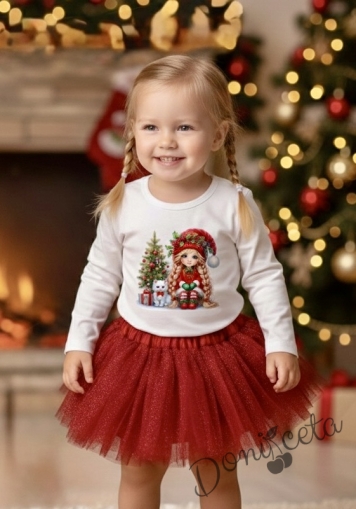 Комплект за момиче от 2 части-пола от бляскъв  тюл в червено и блуза с дълъг ръкав в бяло с момиченце с елха
