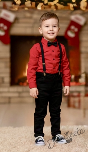 Комплект от риза в червено, панталон в черно и тиранти