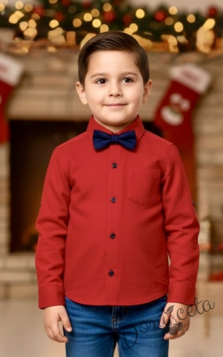 Официална детска риза с дълъг ръкав в червено с папийонка в тъмносиньо