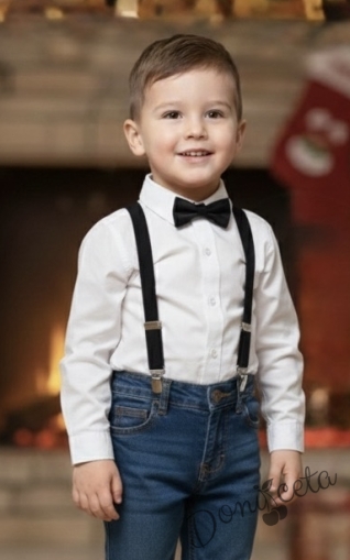 Официална детска риза с дълъг ръкав в бяло с папийонка и тиранти в черно