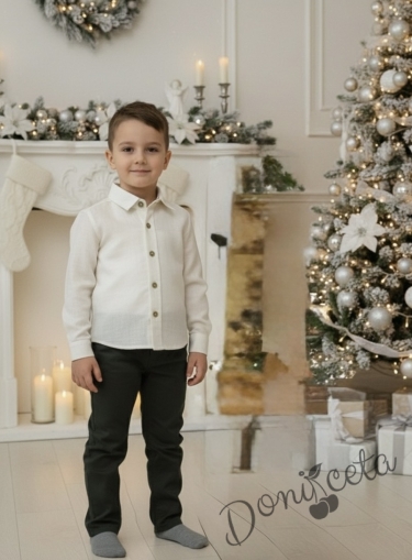 Детски комплект от риза с дълъг ръкав в екрю и дълъг панталон в зелено