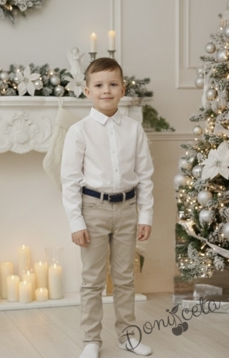 Детски комплект от риза с дълъг ръкав в бяло и дълъг панталон в бежово