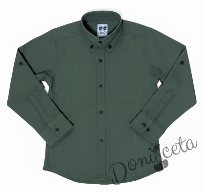 Детска официална риза за момче с дълъг ръкав в тъмнозелено с черни копчета