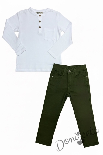  Комплект за момче от 2 части-блуза в бяло с копчета и панталон в зелено