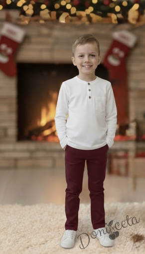  Комплект за момче от 2 части-блуза в бяло с копчета и панталон в бордо