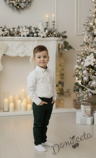 Коледен комплект за момче от 2 части-риза в бяло с яка в бяло и панталон в зелено