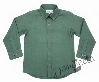 Детска риза с дълъг ръкав  за момче в зелено с копчета в бежово