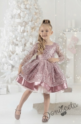 Официална детска рокля в пепел от рози в пайети с дълъг ръкав Естел