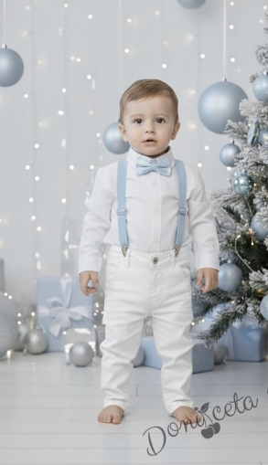 Детски комплект за момче от 4 части-риза в бяло с яка, панталон в бяло, тиранти и папийонка в светлосиньо