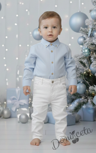 Детски комплект за момче от 2 части-риза в светлосиньо с яка и панталон в бяло Светлосияна