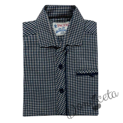 Официална детска риза с дълъг ръкав в бежово на квадратчета с имитация на джоб