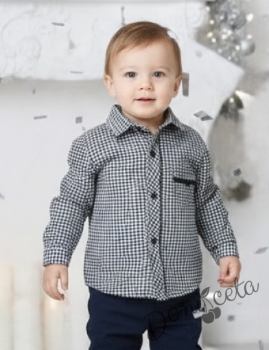Официална детска риза с дълъг ръкав тъмносиньо на квадратчета