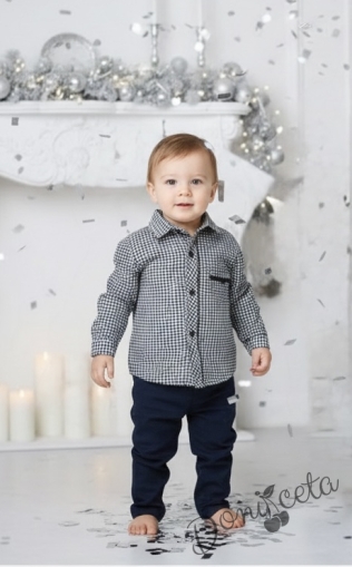 Детски комплект за момче от 2 части-риза в тъмносиньо на квадратчета и панталон в тъмносиньо