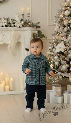 Детски комплект за момче от 2 части-риза в зелено на квадратчета и панталон в тъмносиньо