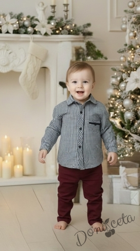 Детски комплект за момче от 2 части-риза в тъмносиньо на квадратчета и панталон в бордо