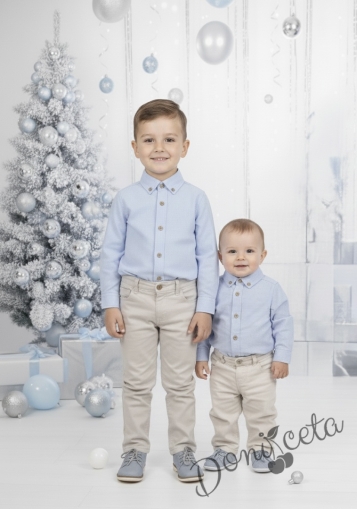 Детски комплект за момче от 2 части-риза в светлосиньо с яка и  копчета в бежово и панталон в бежово Светлосияна