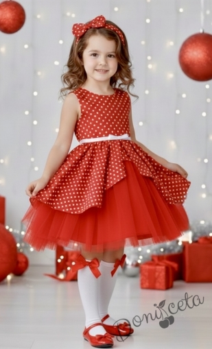 Официална детска рокля Надежда в червено на бели точки с червен тюл
