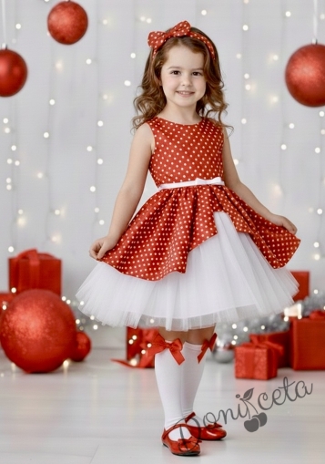 Официална детска рокля Надежда в червено на бели точки с тюл в бяло