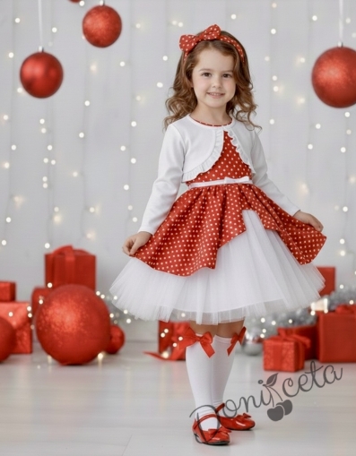 Детска коледна рокля в червено на бели точки с тюл и болеро в бяло