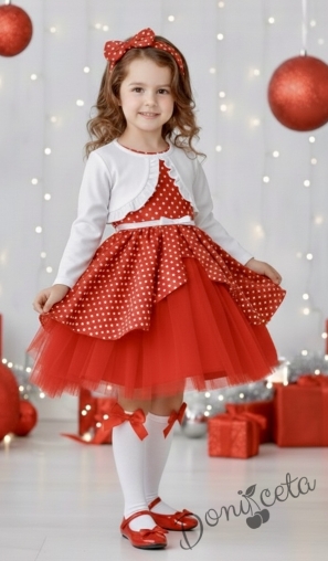 Детска коледна рокля в червено на бели точки с тюл в червено и болеро в бяло