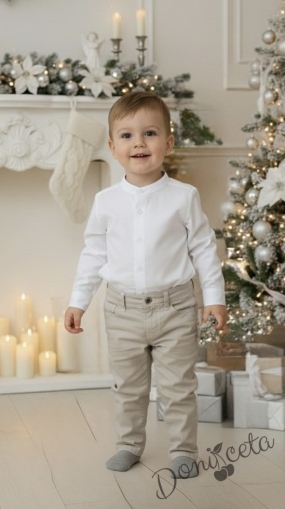 Детски комплект за момче от 2 части-риза в бяло БЕЗ  яка и панталон в бежово