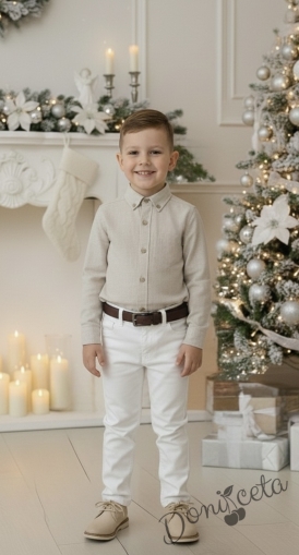 Детски комплект за момче от 2 части-риза в бежово с яка и панталон в бяло Светлосияна