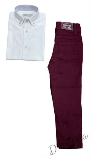 Официален комплект за момче от 2 части-риза в бяло с яка и копчета в бежово и панталон в бордо