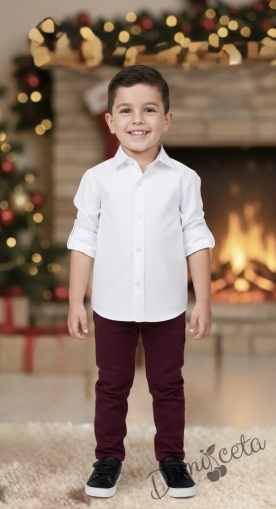 Официален комплект за момче от 2 части-риза в бяло с яка и копчета в бежово и панталон в бордо